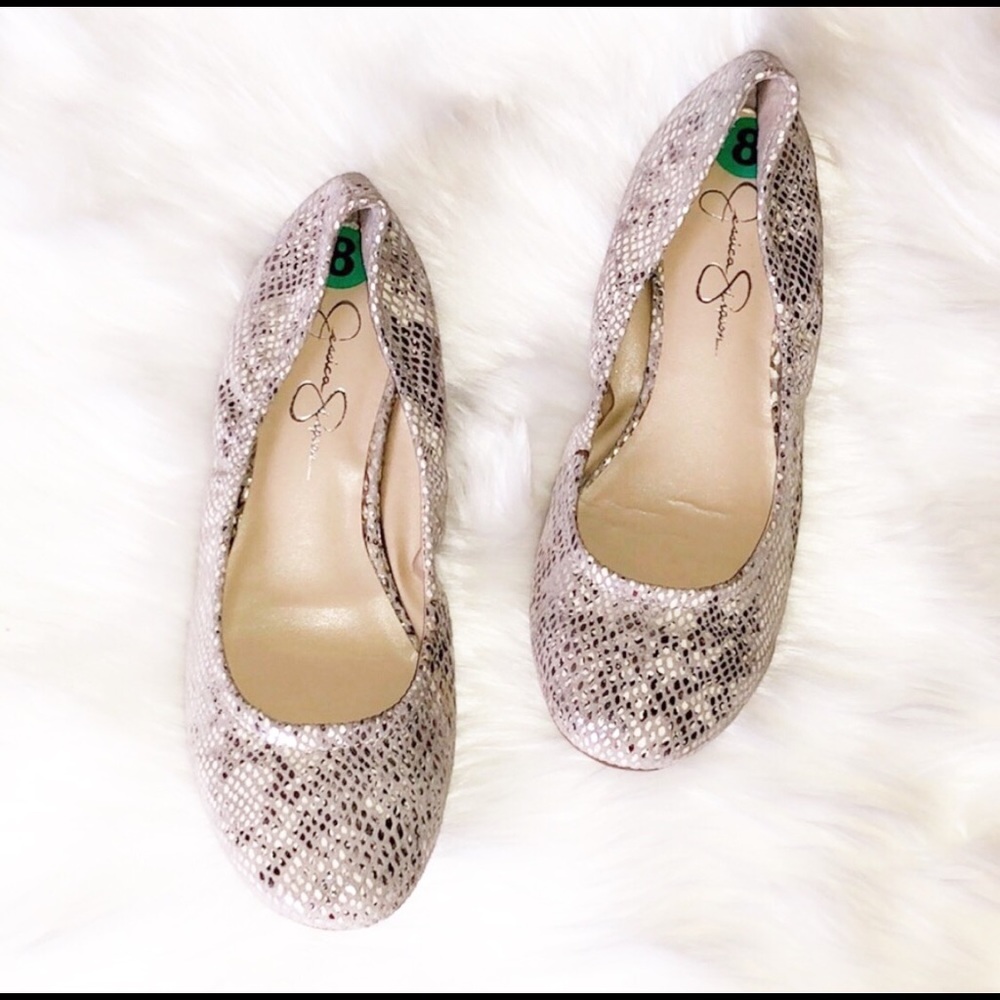 JESSICA SIMPSON Metallic Snake Print Leather Flats